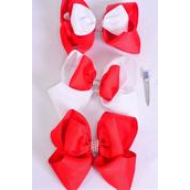Hair Bow Jumbo Double Layered Bow Grosgrain Bow-tie Red &amp; White/DZ **Alligator Clip** Size-6&quot;x 6&quot;,4 of each Pattern Asst,Clip Strip &amp; UPC Code