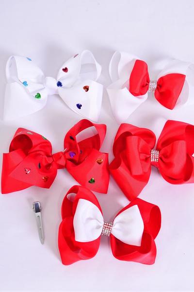 Hair Bow Jumbo Heart Grosgrain Bow-tie / 12 pcs Bow = Dozen Alligator Clip , Size - 6" x 5" Wide , 3 Of Each Pattern Asst , Clip Strip & UPC Code