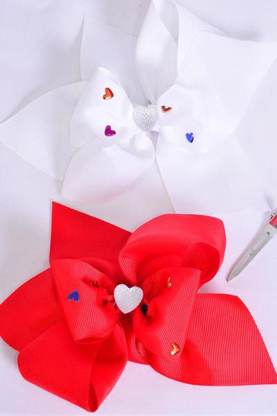 Hair Bow Jumbo Double Layered Heart Studded Grosgrain Bow-tie / 12 pcs Bow = Dozen Heart ,  Alligator Clip , Size - 6" x 5" , 6 Red , 6 White Asst , Clip Strip & UPC Code