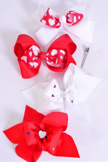 Hair Bow Jumbo Heart Pattern Mix Grosgrain Bow-tie / 12 pcs Bow = Dozen Alligator Clip , Size - 6" x 5" Wide , 3 Of Each Pattern Asst , Clip Strip & UPC Code