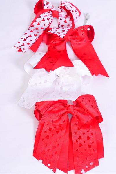 Hair Bow Jumbo Long Tail Double Layered Metallic & Cut Heart Mix Grosgrain Bow-tie Red White Mix / 12 pcs Bow = Dozen Alligator Clip , Size - 6.5" x 6" Wide , 3 Of Each Pattern Asst , Clip Strip & UPC Code