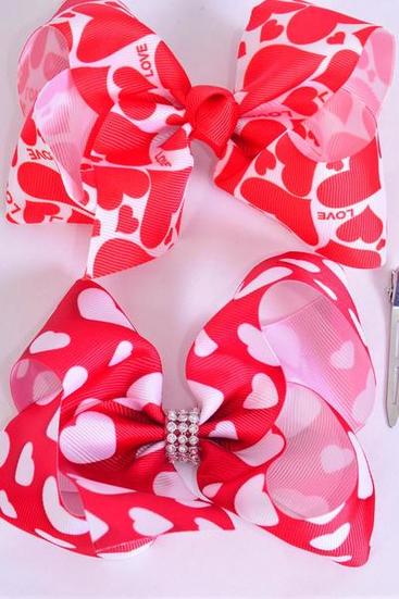 Hair Bow Jumbo Heart Grosgrain Bow-tie / 12 pcs Bow = Dozen Alligator Clip , Size - 6"x 5" Wide , 6 Of Each Pattern Asst , Clip Strip & UPC Code