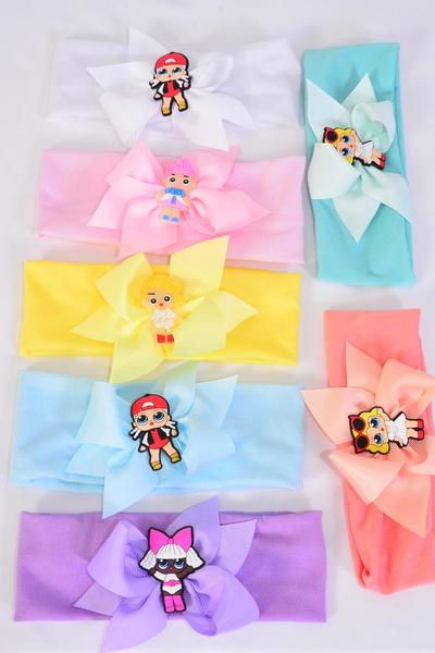 Headband Cotton Stretch Fun Girl charm Grosgrain Bow-tie Pastel / 12 pcs = Dozen Stretch , Width - 2.5" Wide , Bow - 5" x 4" Wide , 2 White , 2 Pink , 2 Blue , 2 Purple , 2 Yellow , 1 Peach , 1 Mint Color Mix , Hang Tag & UPC Code