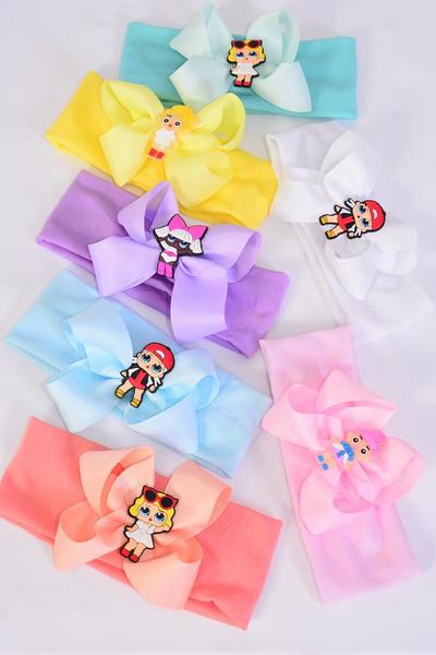 Headband Cotton Stretch LOL Doll Charm Grosgrain Bow-tie Pastel / 12 pcs = Dozen Stretch , Width - 2.5" Wide , Bow - 5" x 4" Wide , 2 White , 2 Pink , 2 Blue , 2 Purple , 2 Yellow , 1 Peach , 1 Mint Color Mix ,Hang Tag & UPC Code