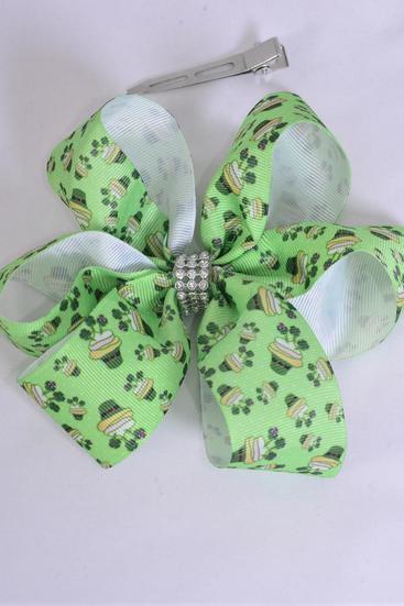 Hair Bow Jumbo Clover St Patrick Day Hat Grosgrain Bow-tie / 12 pcs Bow = Dozen Alligator Clip , Size - 6" x 6" Wide , Clip Strip & UPC Code