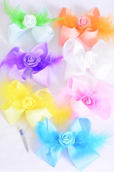 Hair Bow Jumbo Feather Rose Grosgrain Bow-tie / 12 pcs bow = Dozen Alligator Clip , Bow - 6" x 5" , 2 White , 2  Pink , 2 Blue , 2 Purple , 2 Yellow , 1 Hot Pink ,1 Peach Color Mix , Clip Strip & UPC Code