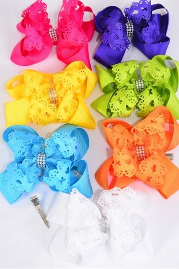 Hair Bow Jumbo Double Layered Hug & Kiss Citrus Grosgrain Bow-tie / 12 pcs Bow = Dozen Alligator Clip , Size-6"x 5" Wide ,2 White ,2 Yellow ,2 Blue ,2 Fuchsia ,2 Purple ,1 Orange ,1 Lime Color Asst , Clip Strip & UPC Code