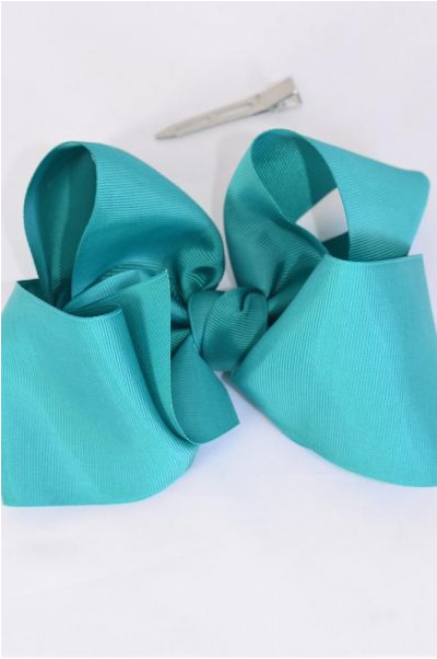 Hair Bow Extra Jumbo Cheer Type Bow Jade Green Grosgrain Bow-tie / 12 pcs Bow = Dozen Alligator Clip , Size - 8" x 7" Wide ,  Clip Strip & UPC Code