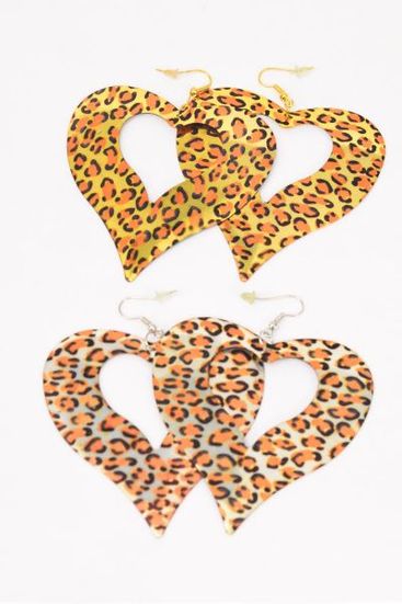 Earrings Metal Heart Leopard Prints gold Silver Mix / 12 pair = Dozen Fish Hook , Size - .5" x 2.5" Wide , 6 Gold , 6 Silver Asst , Earring Card & OPP bag & UPC Code