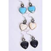 Earrings Metal Antique Heart Semiprecious Stone/DZ **Fish Hook** Size-1.25&quot;x 1.25&quot; Wide,4 Black,4 Ivory,4 Turquoise Asst,Earring Card &amp; OPP Bag &amp; UPC Code