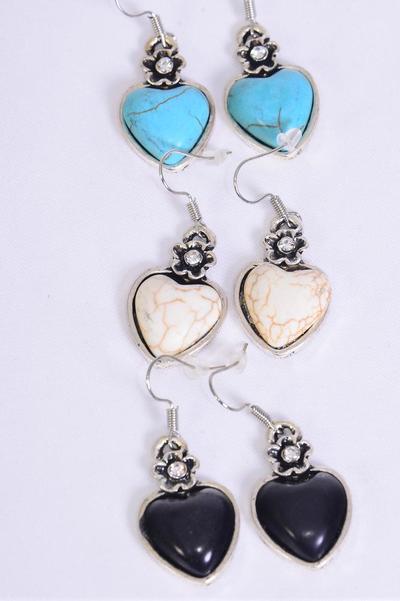 Earrings Metal Antique Heart Semiprecious Stone / 12 pair = Dozen Fish Hook , Size-1.25"x 1.25" Wide , 4 Black , 4 Ivory , 4 Turquoise Asst , Earring Card & OPP Bag & UPC Code