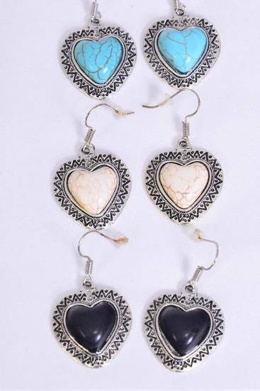 Earrings Metal Antique Heart Aztec Real Semiprecious Stone / 12 pair = Dozen Fish Hook , Size - 1.25" x 1.25" Wide , 4 Black , 4 Ivory , 4 Turquoise Asst , Earring Card & OPP Bag & UPC Code