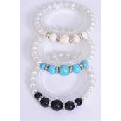 Bracelet 10 mm Glass Pearl Center 12 mm Semiprecious Stone &amp; Bezel Mix Stretch/DZ **Stretch** 4 Black,4 Ivory,4 Turquoise Color Asst,Hang Tag &amp; Opp Bag &amp; UPC Code -