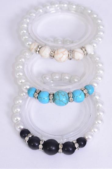 Bracelet 10 mm Glass Pearl Center 12 mm Semiprecious Stone & Bezel Mix Stretch/DZ **Stretch** 4 Black,4 Ivory,4 Turquoise Color Asst,Hang Tag & Opp Bag & UPC Code -