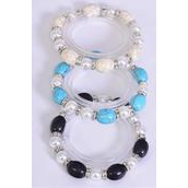 Bracelet 12 mm Glass Pearl &amp; Oval Semiprecious Stone Mix Stretch/DZ **Stretch** 4 Ivory,4 Black,4 Turquoise Mix,Hang Tag &amp; Opp Bag &amp; UPC Code -