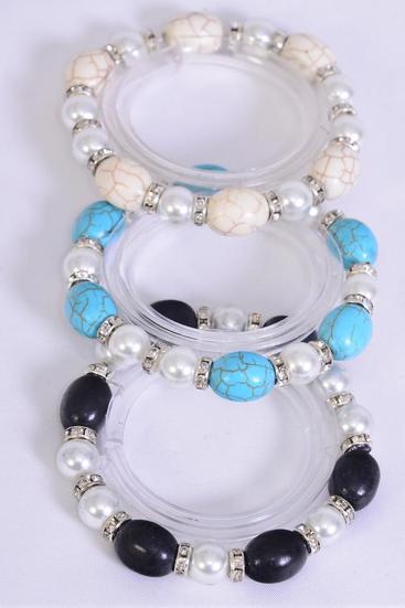 Bracelet 12 mm Glass Pearl & Oval Semiprecious Stone Mix Stretch/DZ **Stretch** 4 Ivory,4 Black,4 Turquoise Mix,Hang Tag & Opp Bag & UPC Code -