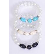 Bracelet 10 mm Glass Pearl & 12 mm Oval Semiprecious Stone & Bezel Stretch/DZ **Stretch** 4 Black,4 Ivory,4 Turquoise Color Asst,Hang Tag & Opp Bag & UPC Code