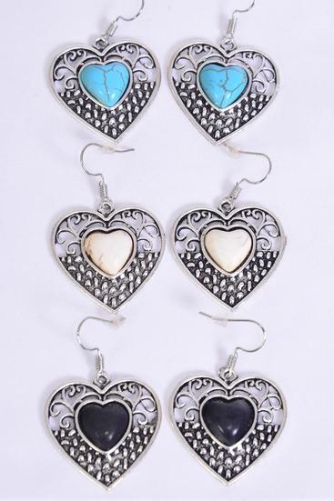 Earrings Metal Antique Heart Semiprecious Stone / 12 pair = Dozen match 70075 Fish Hook , Size - 1.25" x 1" Wide , 4 Black , 4 Ivory , 4 Turquoise Color Asst , Earring Card & OPP Bag & UPC Code