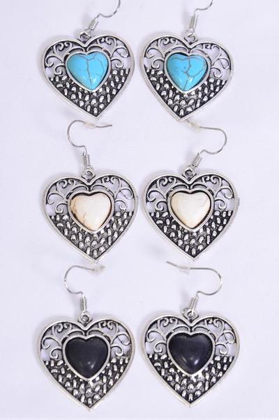 Earrings Metal Antique Heart Semiprecious Stone / 12 pair = Dozen match 70075 Fish Hook , Size-1.25"x 1" Wide , 4 Black , 4 Ivory , 4 Turquoise Color Asst , Earring Card & OPP Bag & UPC Code