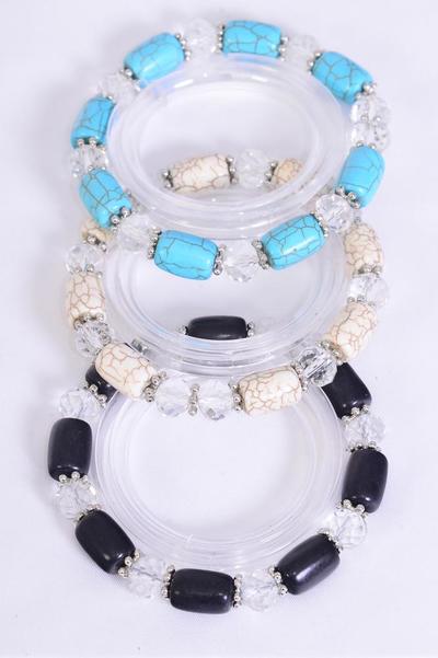 Bracelet Cylinder Semiprecious Stone Glass Crystal Rhinestone Bezel Mix / 12 pcs = Dozen Stretch , 4 Black , 4 Ivory , 4 Turquoise Color Asst , Hang Tag & Opp Bag & UPC Code 