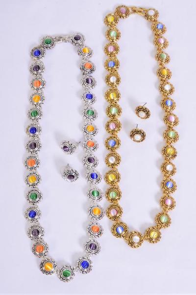 Necklace Sets Cateye Round Flower Shape Post / Sets Post , Size-18", Display Card & OPP Bag & UPC Code , Choose Colors
