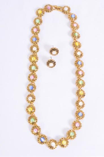 Necklace Sets Gold Cateye Round W Flower Shape Post Pastel / Sets Post , 18" Long Extension Chain , Display Card & OPP Bag & UPC Code