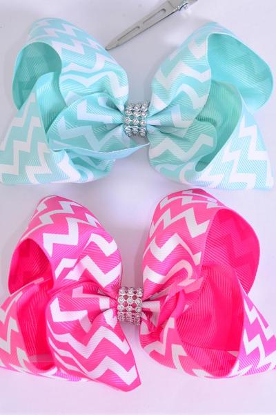Hair Bow Jumbo Chevron Grosgrain Bow-tie Hot Pink Aqua Color Asst / 12 pcs Bow = Dozen  Alligator Clip , Size - 6" x 5" Wide , 6 Hot Pink , 6 Aqua Color Asst , Clip Strip and UPC Code