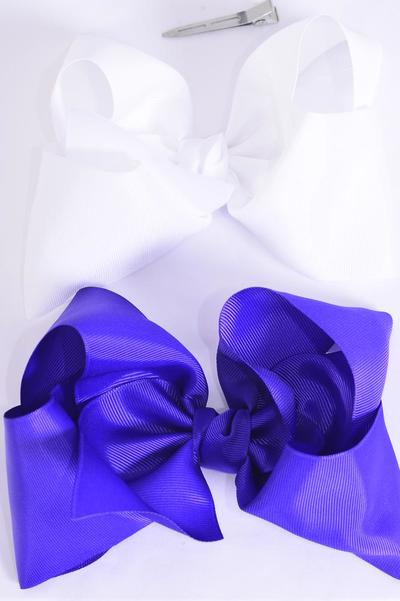 Hair Bow Extra Jumbo Cheer Type Bow Purple White Mix Grosgrain Bow-tie / 12 pcs Bow = Dozen Alligator Clip , Size-8"x 7" Wide , 6 Purple , 6 White Color Asst , Clip Strip & UPC Code