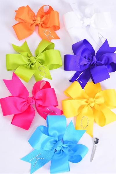 Hair Bow Jumbo Initial Studded Citrus Grosgrain Bow-tie / 12 pcs Bow = Dozen Alligator Clip , Size-6" x 6" Wide , 2 White , 2 Hot Pink , 2 Blue , 2 Purple , 1 Orange , 1 Lime , 2 Yellow Color Asst , Clip Strip & UPC Code