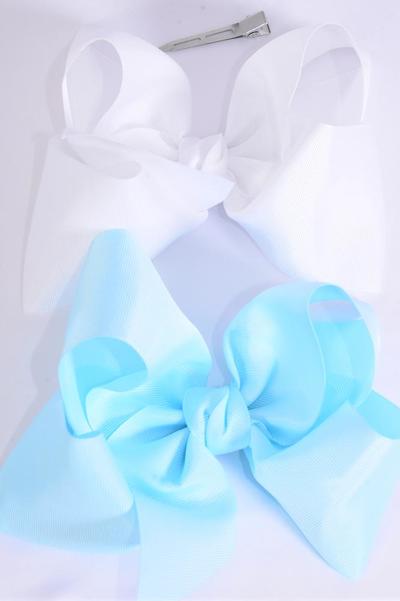 Hair Bow Extra Jumbo Cheer Type Bow Baby Blue & White Mix Grosgrain Bow-tie / 12 pcs Bow = Dozen  Alligator Clip , Size-8"x 7" Wide , 6 Baby Blue , 6 White Color Asst ,Clip Strip & UPC Code