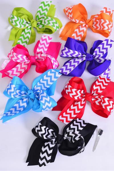 Hair Bow Jumbo Double Layered Chevron Grosgrain Bow-tie Multi / 12 pcs Bow = Dozen Alligator Clip , Bow - 6" x 5" Wide , 2 Black , 2 Red , 2 Turquoise , 2 Fuchsia , 2 Purple , 1 Orange , 1 Lime Color Asst , Clip Strip & UPC Code