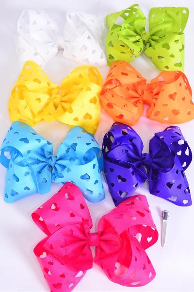 Hair Bow Extra Jumbo Cheer Type Bow Heart Citrus Grosgrain Bow-ti / 12 pcs Bow = Dozen  Alligator Clip , Size - 8" x 7" Wide , 2 White , 2 Fuchsia , 2 Purple , 2 Yellow , 2 Blue , 1 Lime , 1 Orange Color Asst , Clip Strip and UPC Code