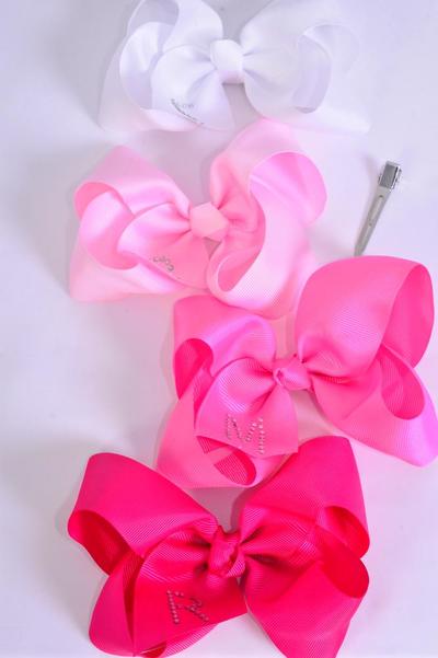 Hair Bow Jumbo Bow Initial Studded Pink Mix Grosgrain Bow-tie/ 12 pcs = Dozen  Alligator Clip , Size - 6" x 5" Wide , 3 Fuchsia , 3 Hot Pink , 3 Baby Pink , 3 Whiter Mix , Clip Strip & UPC Code