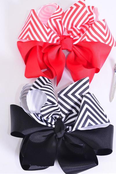 Hair Bow Jumbo Chevron 2 tone Red Black Mix Grosgrain Bow / 12 pcs Bow = Dozen Alligator Clip , Size - 6" x 5" Wide , 6 Black , 6 Red Pattern Asst , Clip Strip & UPC Code