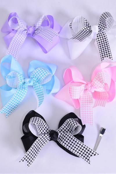 Hair Bow Jumbo Double Layered Center Hound tooth Grosgrain Bow-tie / 12 pcs Bow = Dozen Pastel , Alligator Clip , Size - 6" x 5" Wide , 3 Black , 3 White , 2 Pink , 2 Blue , 2 Lavender Color Asst , Clip Strip and UPC Code