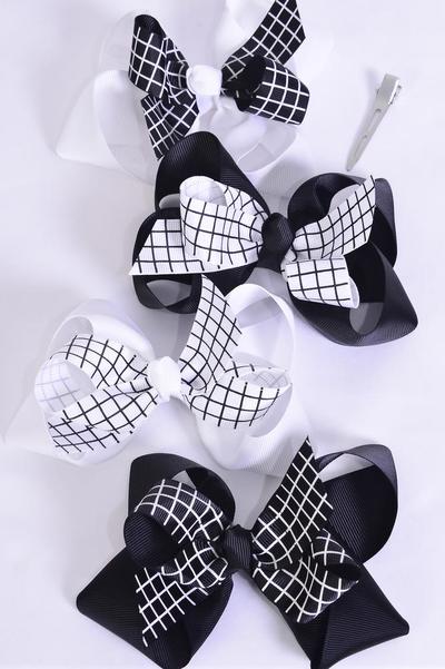 Hair Bow Jumbo Double Layered Grid Line Black White Mix Grosgrain Bow-tie / 12 Pcs Bow = Dozen Alligator Clip ,  Bow - 6" x 5" Wide , 3 of each Pattern Asst , Clip Strip & UPC Code