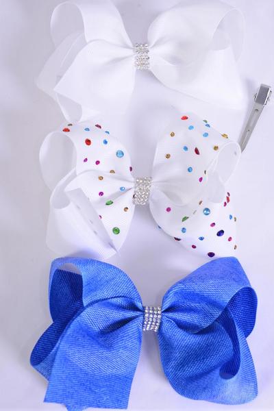 Hair Bow Jumbo White Bow Studded Multi Color Stones & Dinim Asst Grosgrain Bow-tie/DZ **Alligator Clip** Size-6"x 5" Wide,4 Of Each Pattern Asst,Hang Tag & UPC Code
