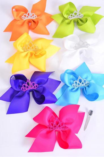 Hair Bow Jumbo Center Tiara Charm Citrus Grosgrain Bow-tie / 12 pcs Bow = Dozen Alligator Clip , Size - 6" x 5" Wide , 2 Fuchsia , 2 Blue , 2 Yellow , 2 Purple , 2 White , 1 Lime , 1 Orange Color Mix , Clip Strip & UPC Code