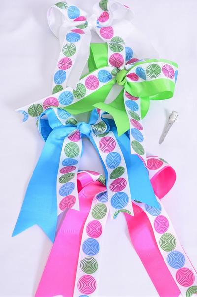 Hair Bow Long Tail Double Layered Lollipop Grosgrain Bow-tie Spring / 12 pcs Bow = Dozen Alligator Clip , Bow - 6.5" x 6" Wide , 3 Hot Pink , 3 White , 3 Turquoise , 3 Green Flash Color Asst , Clip Strip & UPC Code
