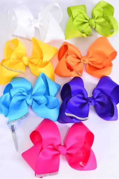 Hair Bow Jumbo Clear Stones Citrus Mix Grosgrain Bow-tie / 12 pcs Bow = Dozen Citrus , Alligator Clip , Size - 6" x 5" Wide , 2 White , 2 Blue , 2 Fuchsia , 2 Yellow , 2 Purple , 1 Lime , 1 Orange Mix ,Clip Strip & UPC Code
