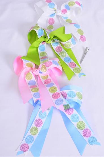 Hair Bow Long Tail Lollipop Double Layered Grosgrain Bow-tie / 12 pcs Bow = Dozen  Alligator Clip , Bow - 6.5" x 6" Wide , 3 Pink , 3 White , 3 Blue , 3 Lime Green Color Asst , Clip Strip & UPC Code