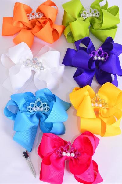 Hair Bow Jumbo Double Layered Center Glitter Pearl Tiara Citrus Grosgrain Bow-tie / 12 pcs Bow = Dozen Alligator Clip , Size - 6" x 5" Wide , 2 White , 2 Yellow , 2 Blue , 2 Fuchsia , 2 Purple , 1 Orange , 1 Lime Color Asst , Clip Strip & UPC Code