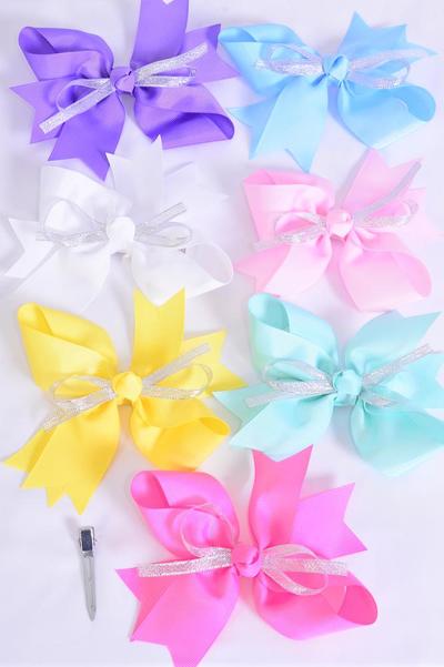 Hair Bow Jumbo Grosgrain Bowtie Pastel Center Silver Bow-tie /12 pcs Bow = Dozen Alligator Clip ,Size - 6" x 5" Wide , 2 White , 2 Pink , 2 Yellow , 2 Lavender , 2 Blue , 1 Hot Pink , 1 Mint Green Color mix , Clip Strip & UPC Code