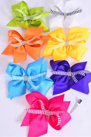 Hair Bow Jumbo Center Chevron Grosgrain Bow-tie Citrus / 12 pcs Bow = Dozen Alligator Clip , Size - 6" x 5" Wide , 2 Fuchsia , 2 Blue , 2 Yellow , 2 Purple , 2 White , 1 Lime , 1 Orange Color Mix , Clip Strip & UPC Code