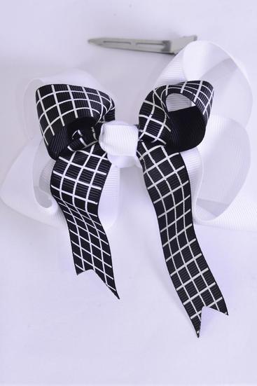 Hair Bow Jumbo White Bow w Black Grid Fabric Double Layered Grosgrain Bow-tie / 12 pcs Bow = Dozen Alligator Clip , Bow - 6" x 6" Wide , Clip Strip & UPC Code