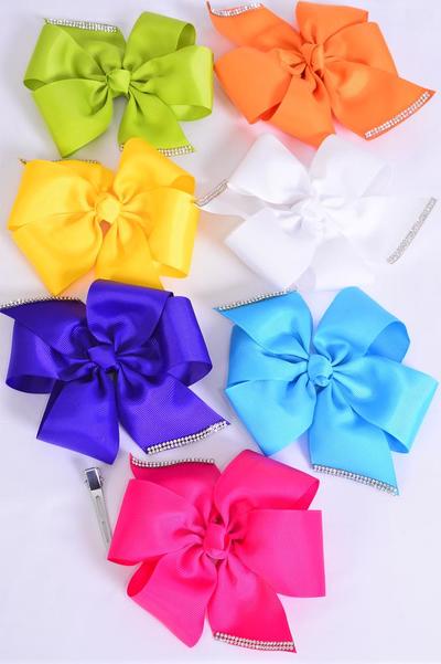 Hair Bow Jumbo Clear Stones Grosgrain Bow-tie Citrus / 12 pcs Bow = Dozen Alligator Clip , Size-6"x 6" Wide , 2 White , 2 Blue , 2 Fuchsia , 2 Yellow , 2 Purple , 1 Lime , 1 Orange Mix , Clip Strip & UPC Code