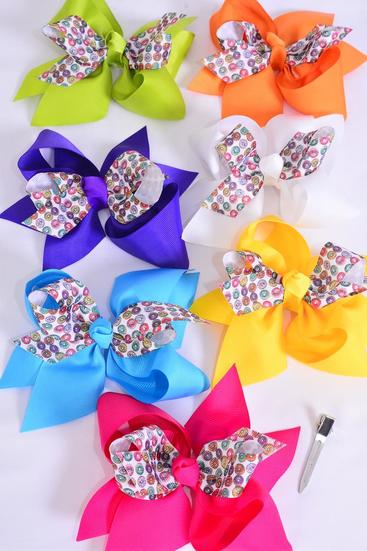 Hair Bow Jumbo Double Layered Donut Pattern Grosgrain Bow-tie / 12 pcs Bow = Dozen Alligator Clip , Size - 6" x 5" Wide , 2 Fuchsia , 2 Blue , 2 Yellow , 2 Purple , 2 White , 1 Lime , 1 Orange Color Mix , Clip Strip and UPC Code