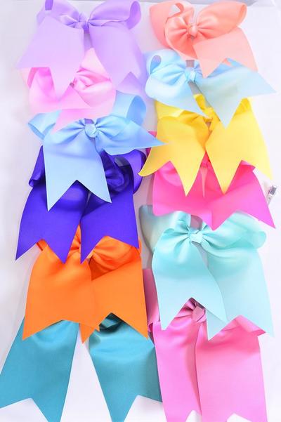 Hair Bow Extra Jumbo Long Tail Cheer Type Bow Rainbow 12 Color Mix Grosgrain Bow-tie / 12 pcs Bow = Dozen 12 Color Mix , Alligator Clip , Size - 6.5"  x  6" Wide , 12 Color Asst , Clip Strip & UPC Code