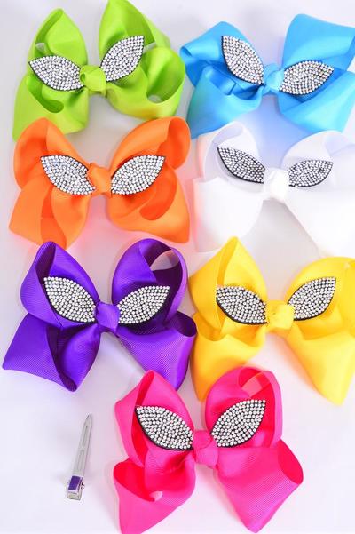 Hair Bow Jumbo Bunny Ears Grosgrain Bow-tie Citrus / 12 pcs Bow = Dozen Alligator Clip , Size - 6" x 5" Wide , 2 White , 2 Fuchsia , 2 Purple , 2 Yellow , 2 Blue , 1 Lime , 1 Orange Color Asst , Clip Strip and UPC Code