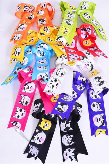 Hair Bow Jumbo Long Tail Double Layered Cute Pets Pattern Mix Grosgrain Bowtie Multi / 12 pcs = Dozen Alligator Clip , Bow - 6.5" x 6" , 2 Bk , 2 White , 2 Fuchsia , 1 Purple , 1 Rd , 1 Yellow , 1 Blue , 1 Lime , 1 Orange Asst , Clip Strip & UPC Code